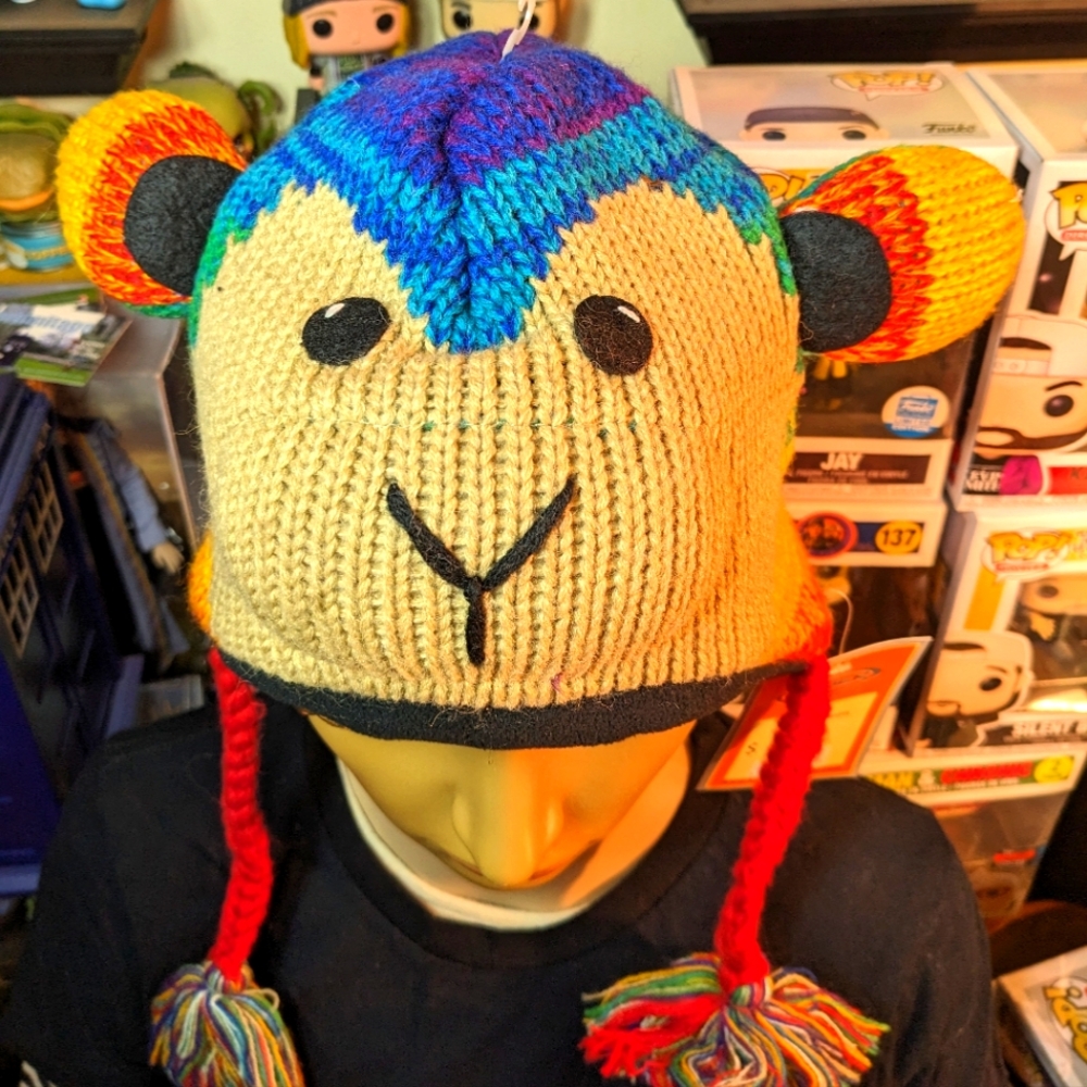 Kyber Rainbow Monkey Hat with Fleece lining, child to tween, with tags